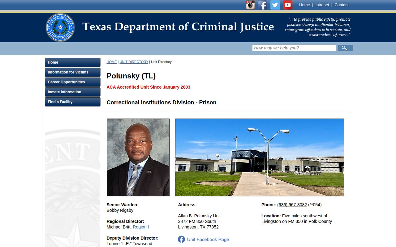 Allan B. Polunsky Unit official TDCJ facility and release contact directory