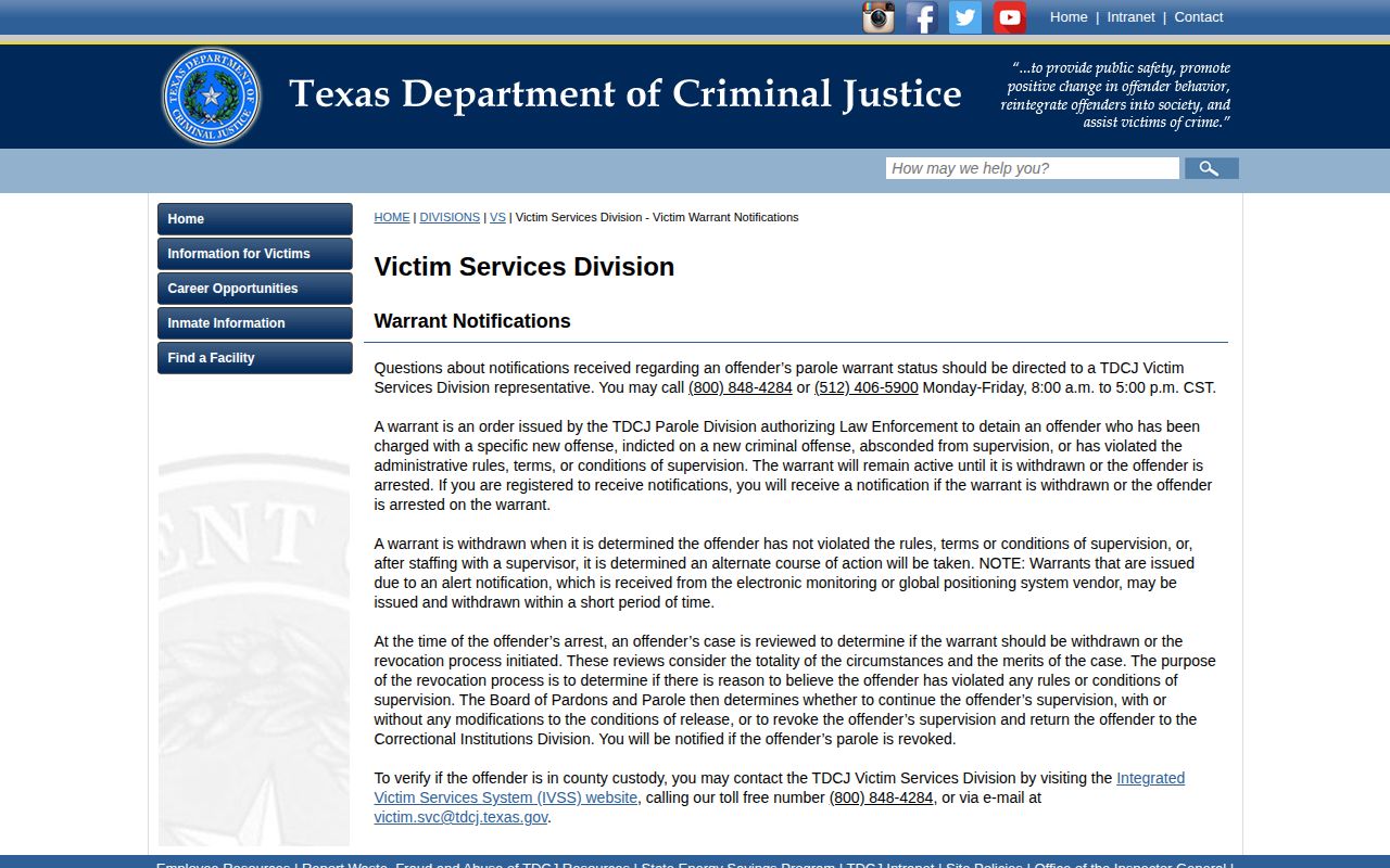 Polk County parole warrant notification information from TDCJ